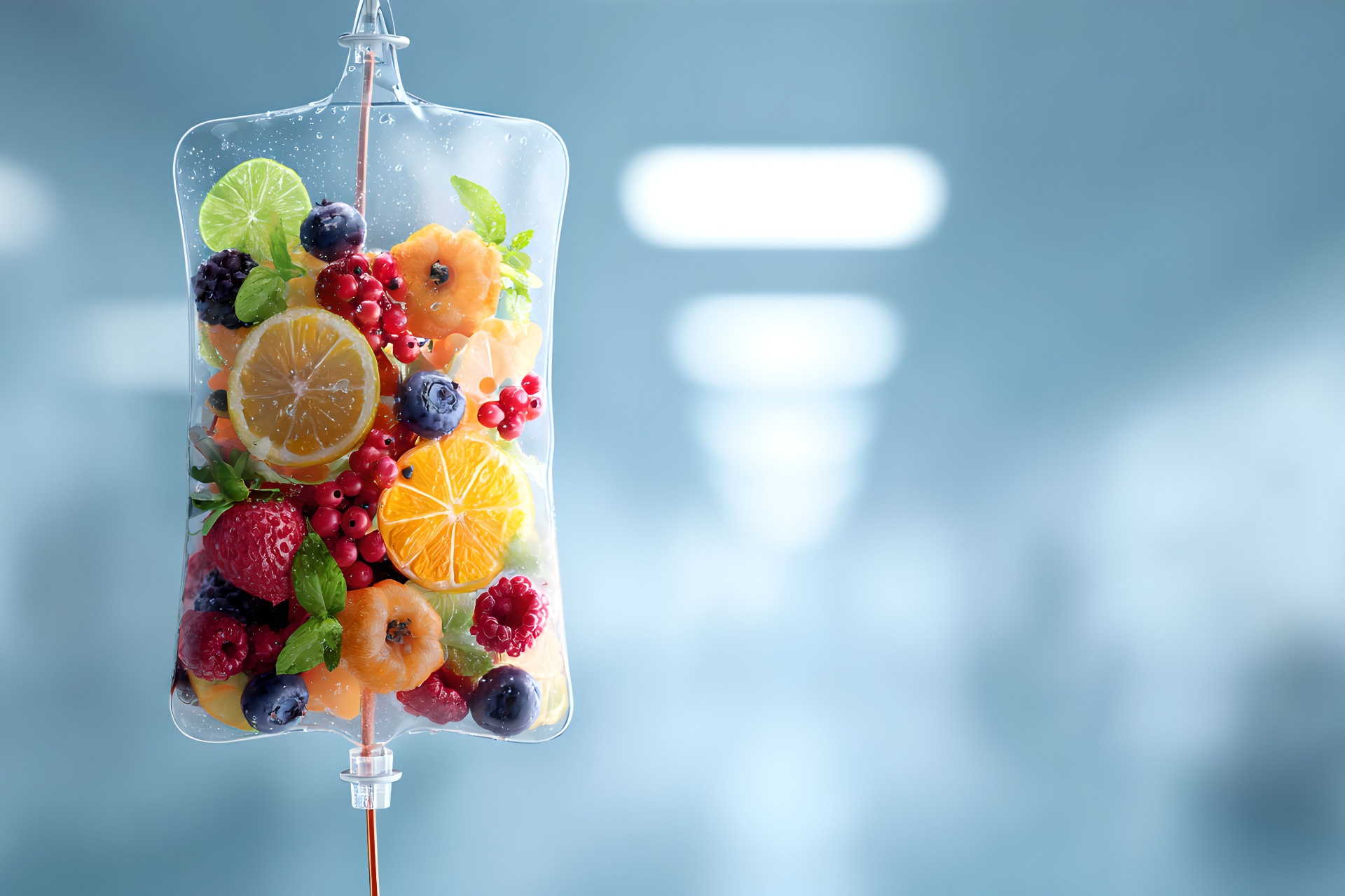 IV drip bag filled with fresh fruit — vitamin-rich hydration