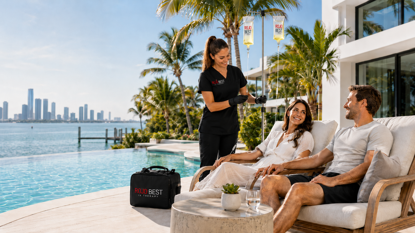 Rojo Best IV Therapy nurse administering IV drips to a couple poolside in Miami
