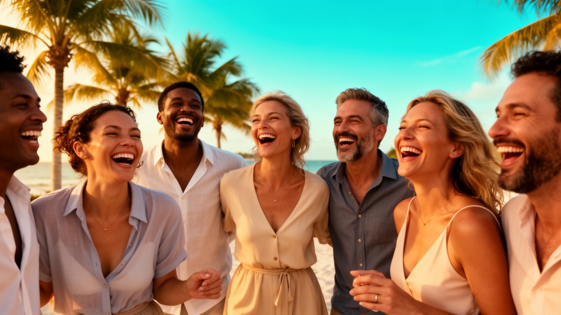 Happy diverse group of friends laughing together outdoors at golden hour